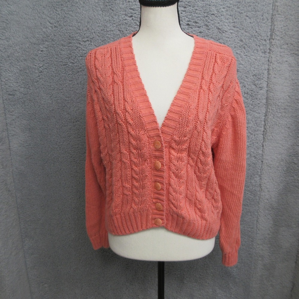 Vintage Casual Corner Cable Knit Cardigan Womens M Coral Ramie Cotton Preppy